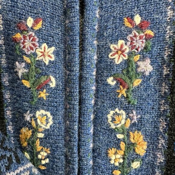 Newton Trading Co Blue Floral Shetland Wool Zip Sweater Womens Medium Grandma - Picture 7 of 16
